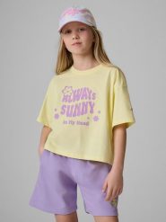 4F T-shirt loose z nadrukiem dziewczęcy - żółty 146/152 (10-12 lat). Żółte koszulki dziewczęce 4f, bez wzorów, z bawełny, bez ramiączek. Za 49.99 zł.