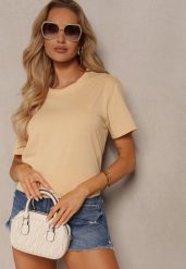 Beżowa Koszulka z Bawełny o Fasonie T-shirt Lormarka. Brązowe bluzki damskie Renee, xl, bez wzorów, z bawełny, klasyczne, bez kołnierzyka, bez ramiączek. Za 14.99 zł.