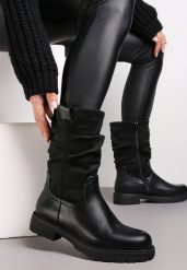 Czarne Botki za Kostkę z Marszczoną Cholewką Sabaria. Czarne botki damskie Renee, z jeansu, eleganckie, za kostkę, bez obcasa, na obcasie, bez zapięcia. Za 59.99 zł.