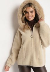Beżowa Bluza z Wełną Kapturem i Kieszeniami Zdobiona Futrem Yasiti. Brązowe bluzy z kapturem damskie Born2be, l, z jeansu. Za 219.99 zł.