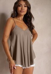 Ciemnobeżowy Top z Bawełny Rozszerzany u Dołu na Ramiączkach Ralorea. Brązowe topy damskie Renee, l, bez wzorów, z bawełny, bez kołnierzyka. Za 29.99 zł.