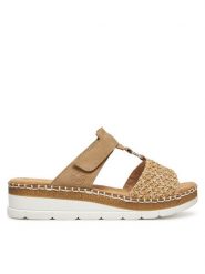 Rieker Klapki V1243-60 Beżowy. Brązowe klapki damskie Rieker, bez wzorów, z materiału, bez obcasa. Za 259.99 zł.