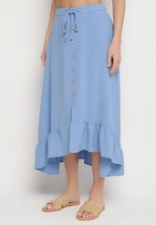 Niebieska Asymetryczna Spódnica z Falbanami i Ozdobnymi Guzikami Marolana. Niebieskie spódniczki damskie Born2be, l, bez wzorów, eleganckie, midi, asymetryczne. Za 59.99 zł.