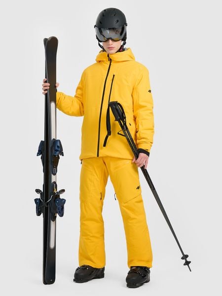 4F Spodnie narciarskie z szelkami membrana 15000 męskie - żółte XL. Żółte spodnie materiałowe męskie 4f, bez wzorów, z materiału. Za 799.99 zł.