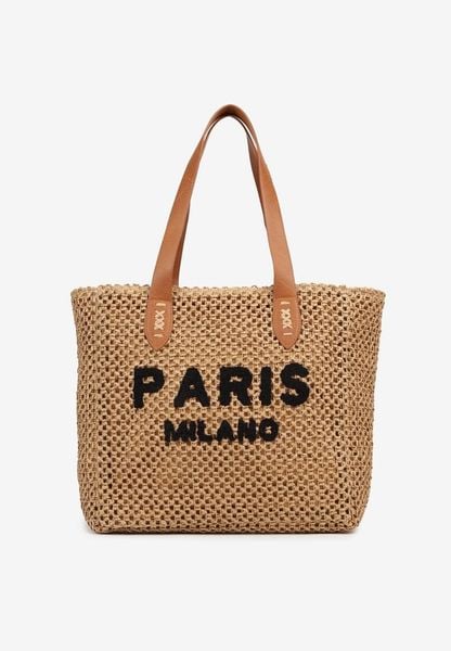 Ciemnobeżowa Torebka Shopperka z Plecionki z Napisem Navario. Brązowe shopper bag damskie Born2be, bez wzorów, z jeansu, bez dodatków. Za 99.99 zł.