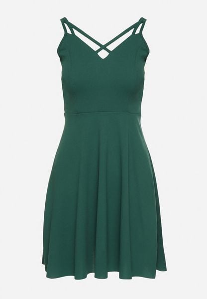 Zielona Rozkloszowana Sukienka z Ozdobnymi Paskami Redaina. Zielone sukienki damskie Born2be, l, bez wzorów, eleganckie, bez kołnierzyka, bez ramiączek, mini, rozkloszowane. Za 69.99 zł.