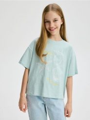 T-shirt z nadrukiem - jasnoturkusowy. Niebieskie koszulki dziewczęce Reserved, bez wzorów, z bawełny, bez ramiączek. W wyprzedaży za 17.99 zł.
