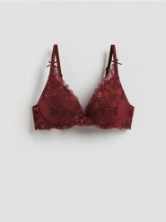 Biustonosz push up z haftem - mahoniowy. Brązowe biustonosze Reserved, bez wzorów, z dzianiny. Za 89.99 zł.