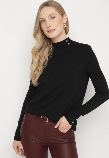 Czarny Dopasowany Golf z Aplikacjami przy Dekolcie i Rękawach Unella. Czarne golfy damskie Born2be, l, z aplikacjami, z jeansu, bez ramiączek. Za 59.99 zł.