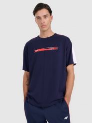 4F T-shirt oversize z nadrukiem męski - granatowy XXL. Niebieskie t-shirty męskie 4f, m, bez wzorów, z bawełny, bez kołnierzyka. W wyprzedaży za 59.99 zł.