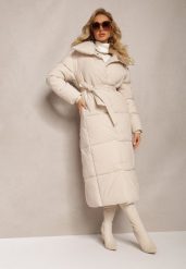 Jasnobeżowa Długa Kurtka Pikowana Płaszcz z Paskiem Adellesstta. Brązowe kurtki damskie Renee, l, z aplikacjami, eleganckie. Za 269.99 zł.