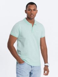 Koszulka polo z dzianiny pique - jasnozielona V1. Zielone koszulki polo męskie Ombre Clothing, m, bez wzorów, z bawełny, bez ramiączek. W wyprzedaży za 39.99 zł.