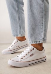 Biało-Brązowe Klasyczne Trampki do Kostki z Lamówką przy Podeszwie Kasiope. Białe trampki i tenisówki damskie Born2be, bez wzorów, z jeansu. Za 59.99 zł.