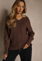 Brązowy Sweter z Dodatkiem Kaszmiru i Trójkątnym Dekoltem Silefera. Brązowe swetry klasyczne damskie Renee, z jeansu, bez kołnierzyka. Za 99.99 zł.