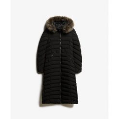 Długa kurtka z kapturem z sztucznego futra dla kobiet Superdry Fuji. Czarne kurtki damskie Superdry., na zimę, l, z aplikacjami, z puchu, z kapturem. Za 731.55 zł.