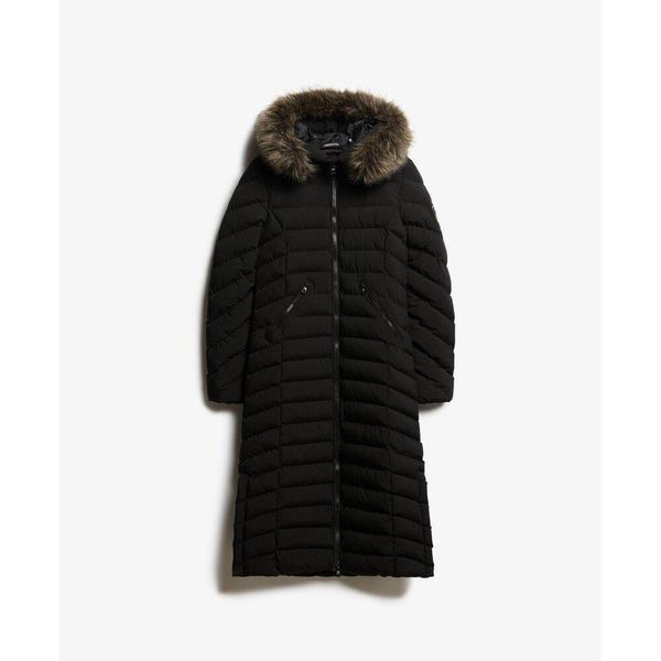 Długa kurtka z kapturem z sztucznego futra dla kobiet Superdry Fuji. Czarne kurtki damskie Superdry., na zimę, l, z aplikacjami, z puchu, z kapturem. Za 723.05 zł.