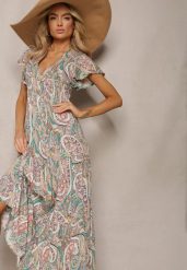 Zielona Rozkloszowana Sukienka Maxi na Guziki Ozdobiona Etnicznym Wzorem Kleriala. Zielone sukienki damskie Renee, na imprezę, na lato, l, bez wzorów, boho, bez kołnierzyka, bez ramiączek, maxi, rozkloszowane. W wyprzedaży za 62.99 zł.