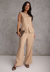 Beżowy Komplet z Bawełną w Garniturowym Stylu Kamizelka i Spodnie Meloreida. Brązowe spodnie materiałowe damskie Renee, bez wzorów, z bawełny, eleganckie. Za 149.99 zł.