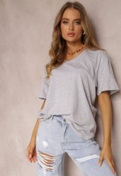 Jasnoszary T-shirt Nikoneus. Szare t-shirty damskie Renee, plus size, bez wzorów, z dzianiny, bez kołnierzyka. Za 24.99 zł.