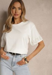 Biała Bawełniana Bluzka z Koralikami na Rękawach Tasmoi. Białe bluzki damskie Renee, l, z aplikacjami, z bawełny, bez kołnierzyka, bez ramiączek. Za 64.99 zł.