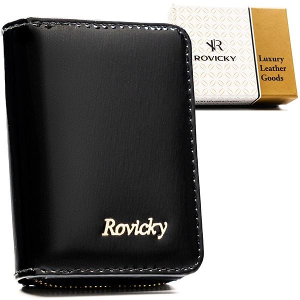 Mały portfel damski ze skóry naturalnej w czarnym kolorze, wyposażony w system RFID - Rovicky. Czarne portfele damskie ROVICKY, bez wzorów, ze skóry. Za 51.99 zł.