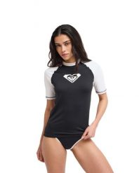 Koszulka rash vest z krótkim rękawem damska THE RETRO ESSENTIALS. Szare bikini damskie Roxy, s, bez wzorów, z elastanu, bez kołnierzyka. Za 129.99 zł.