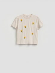 T-shirt z ozdobną aplikacją - beżowy. Brązowe t-shirty damskie Reserved, l, z aplikacjami, z bawełny, bez kołnierzyka. Za 79.99 zł.