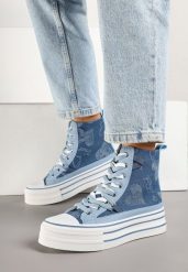 Niebieskie Trampki na Grubej Podeszwie w Serduszka za Kostkę Umirana. Niebieskie trampki i tenisówki damskie Born2be, bez wzorów, z jeansu, przed kolano. Za 89.99 zł.
