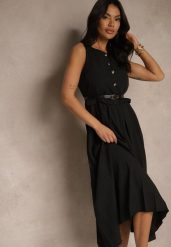 Czarna Plisowana Sukienka o Rozkloszowanym Kroju Bez Rękawów z Paskiem z Klamrą Iffule. Czarne sukienki damskie Renee, na spotkanie biznesowe, m, bez wzorów, eleganckie, bez kołnierzyka, bez ramiączek, maxi, rozkloszowane. W wyprzedaży za 104.99 zł.