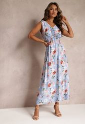 Jasnoniebieska Sukienka Maxi w Kwiaty z Gumką w Talii Kaleita. Niebieskie sukienki damskie Renee, na lato, l, bez wzorów, z bawełny, bez kołnierzyka, bez ramiączek, maxi, rozkloszowane. W wyprzedaży za 38.49 zł.