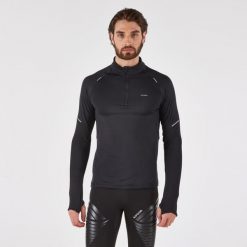 Bluza do biegania męska Kiprun Run 500 Warm ocieplana. Czarne bluzy bez kaptura męskie KIPRUN, m, z elastanu. Za 99.99 zł.