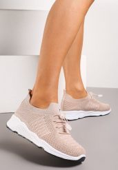 Beżowe Buty Sportowe z Metaliczną Nitką i Gumką ze Stoperem Qiliara. Brązowe buty sportowe na co dzień damskie Born2be, bez wzorów. Za 64.99 zł.