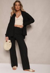 Czarny Komplet z Tłoczonego Materiału Koszula Oversize i Spodnie Taccaria. Czarne koszule damskie Renee, bez wzorów, z materiału, eleganckie. Za 149.99 zł.