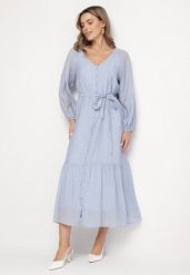 Niebieska Wiskozowa Sukienka Koszulowa o Rozkloszowanym Kroju Wiązana w Talii Frollio. Niebieskie sukienki damskie Born2be, na co dzień, m, bez wzorów, z wiskozy, eleganckie, bez kołnierzyka, bez ramiączek, maxi, koszulowe. W wyprzedaży za 143.99 zł.