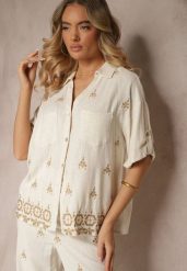 Biało-Beżowa Luźna Koszula z Wzorem Boho z Lnu i Wiskozy Karisna. Białe koszule damskie Renee, na lato, l, bez wzorów, z jeansu, boho, bez kołnierzyka, bez ramiączek. Za 74.99 zł.