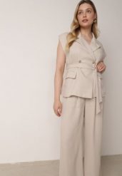 Beżowy Elegancki Komplet Garniturowy z Wiskozy Spodnie i Kamizelka z Paskiem Amwyn. Brązowe kamizelki damskie Born2be, l, z wiskozy. Za 199.99 zł.