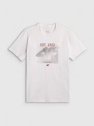4F T-shirt regular z nadrukiem męski - biały M. Białe t-shirty męskie 4f, m, bez wzorów, z materiału, bez kołnierzyka. Za 69.99 zł.