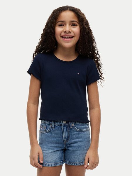 Tommy Hilfiger T-Shirt KG0KG08590 Granatowy Slim Fit. Niebieskie koszulki dziewczęce Tommy Hilfiger, bez wzorów, z bawełny, bez ramiączek. Za 97.99 zł.