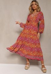 Czerwona Sukienka z Dekoltem w V o Rozkloszowanym Fasonie w Print Paisley Akka. Czerwone sukienki damskie Renee, na co dzień, l, bez wzorów, z zamszu, eleganckie, bez kołnierzyka, bez ramiączek, maxi, rozkloszowane. W wyprzedaży za 87.99 zł.