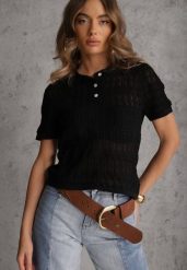 Czarna Wiskozowa Bluzka z Szydełkowym Wzorem Kołnierzykiem i Guzikami Lasthythia. Czarne bluzki damskie Renee, bez wzorów, z koronki, bez kołnierzyka, bez ramiączek. Za 99.99 zł.