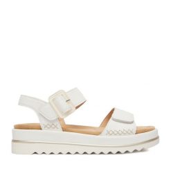 Sandały Remonte. Białe sandały damskie Remonte, bez wzorów, bez obcasa, na płaskiej podeszwie. Za 379.99 zł.