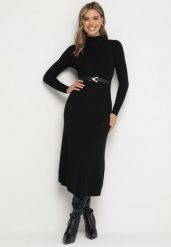 Czarna Sukienka Dzianinowa z Domieszką Wełny i Ozdobnym Paskiem Nirisia. Czarne sukienki damskie Born2be, na co dzień, m, bez wzorów, z dzianiny, eleganckie, bez kołnierzyka, bez ramiączek, maxi, proste. W wyprzedaży za 135.99 zł.