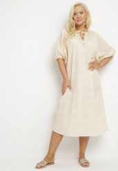 Beżowa Bawełniana Sukienka Oversize z Wiązaniem pod Szyją Tolanea. Brązowe sukienki damskie Born2be, l, bez wzorów, z bawełny, bez kołnierzyka, bez ramiączek, midi, oversize. W wyprzedaży za 71.99 zł.