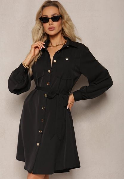 Czarna Sukienka o Koszulowym Fasonie Utility z Bufiastymi Rękawami Wiązana w Pasie Emianna. Czarne sukienki damskie Renee, do pracy, l, bez wzorów, biznesowe, bez kołnierzyka, bez ramiączek, mini, koszulowe. Za 129.99 zł.