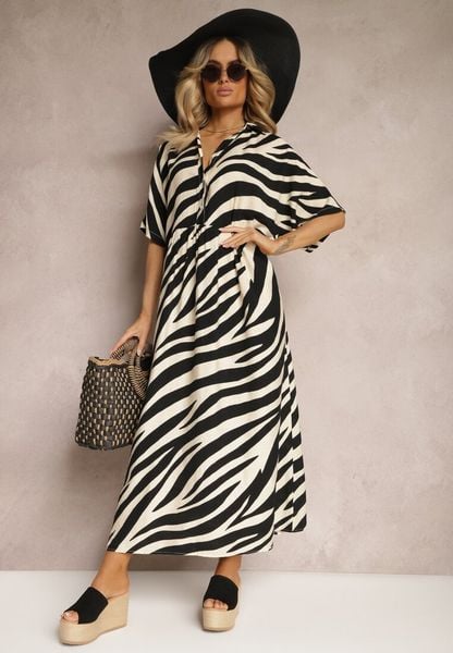 Czarno-Biała Sukienka Koszulowa z Rękawami Typu Nietoperz i Guzikami Cesolla. Czarne sukienki damskie Renee, do pracy, bez wzorów, biznesowe, bez kołnierzyka, bez ramiączek, maxi, koszulowe. Za 99.99 zł.