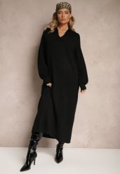 Czarna Sweterkowa Sukienka z Wiskozą o Pudełkowym Kroju Ozdobiona Kołnierzykiem Clarinnae. Czarne sukienki damskie Renee, bez wzorów, z wiskozy, eleganckie, bez kołnierzyka, bez ramiączek, maxi, kopertowe. W wyprzedaży za 97.99 zł.