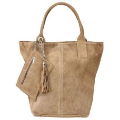 Shopperka skórzana VERA PELLE taupe T49. Shopper bag damskie bez wzorów, ze skóry, zamszowe, bez dodatków. Za 208.99 zł.
