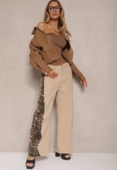 Beżowe Jeansy z Bawełny High Waist ze Wzorem Panterki Velliane. Brązowe jeansy damskie Renee, z podwyższonym stanem. Za 89.99 zł.