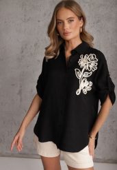 Czarna Nietoperzowa Koszula z Wiskozy z Podpinanymi Rękawami i Haftem Adreaneh. Czarne koszule damskie Renee, na lato, l, bez wzorów, z materiału, casualowe, bez kołnierzyka, plus size, bez ramiączek. Za 69.99 zł.