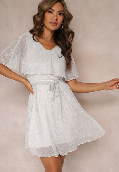 Jasnoszara Sukienka Mini z Metaliczną Nitką i Gumką w Pasie Eullas. Szare sukienki damskie Renee, na imprezę, bez wzorów, z tkaniny, bez kołnierzyka, bez ramiączek, mini, rozkloszowane. Za 119.99 zł.